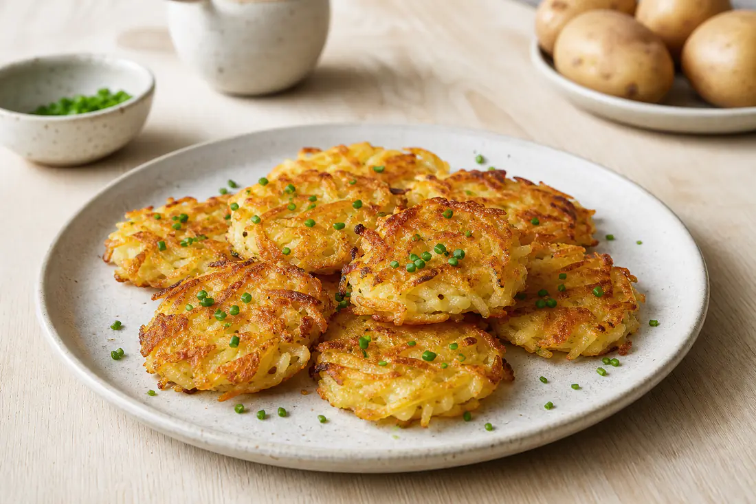 Små gyldne rösti af revet kartoffel med sprød overflade serveret på en tallerken med purløg