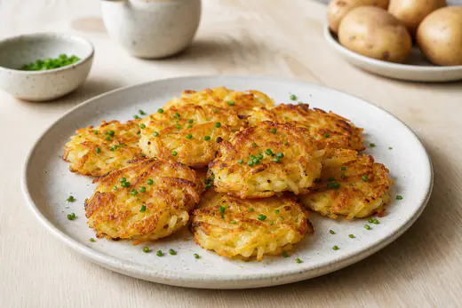Små gyldne rösti af revet kartoffel med sprød overflade serveret på en tallerken med purløg