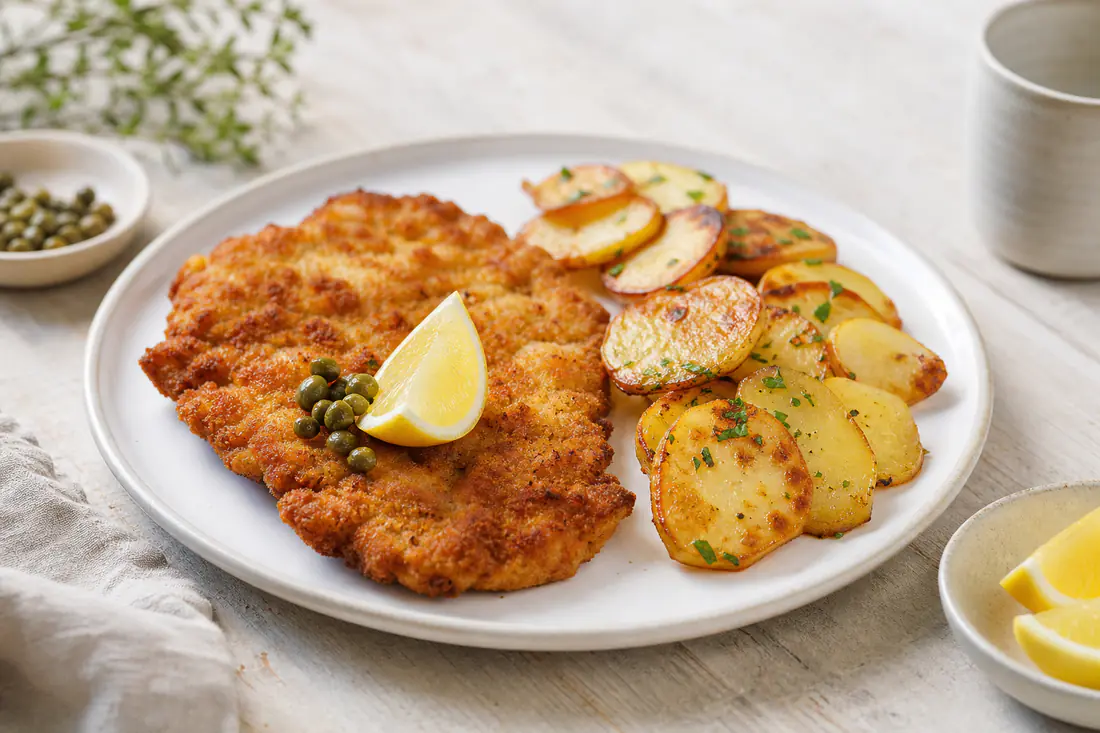 Gylden paneret wienerschnitzel på en tallerken med citronbåd, kapers og brasekartofler