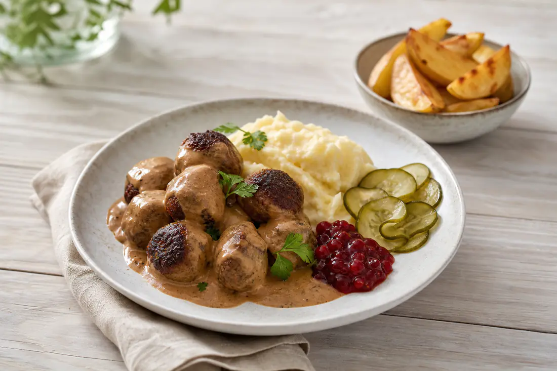 Svenske kødboller med flødesovs, kartoffelmos, tyttebær og syltede agurker