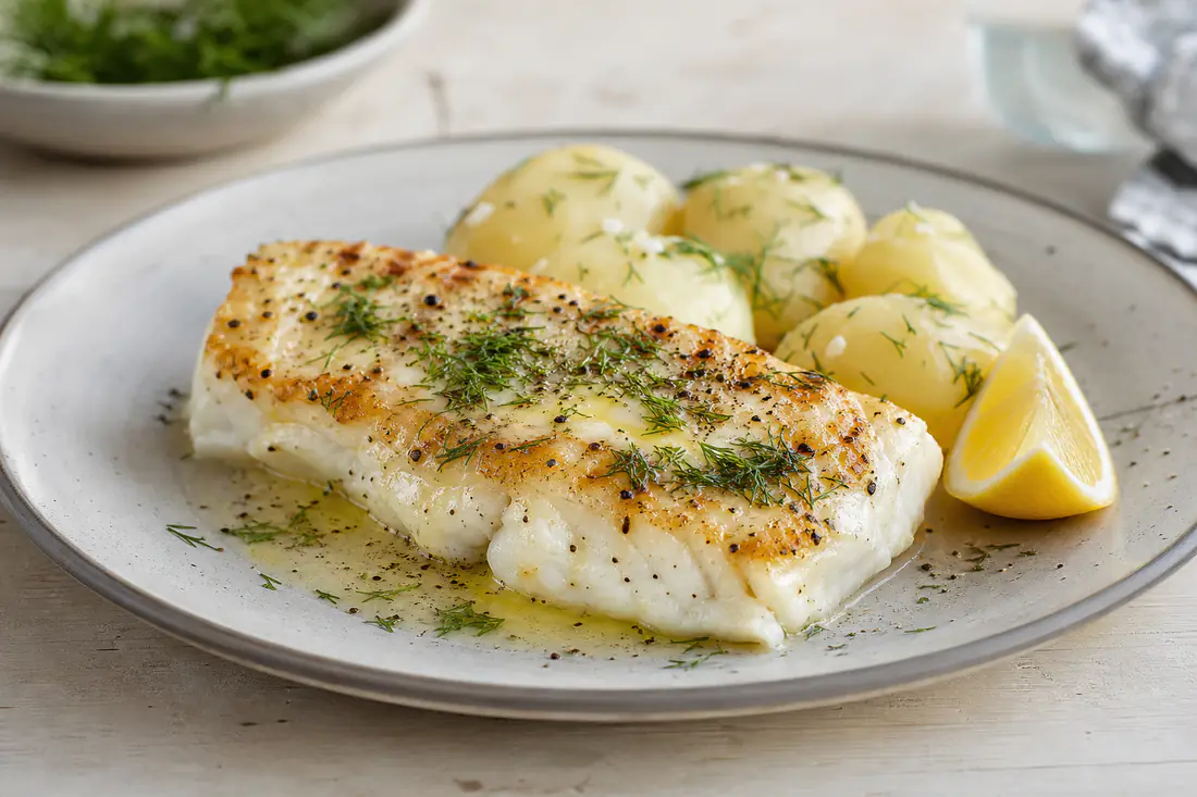 Saftigt stegt torskefilet med hvide flager, smør, dild og citronbåd på en tallerken med kogte kartofler