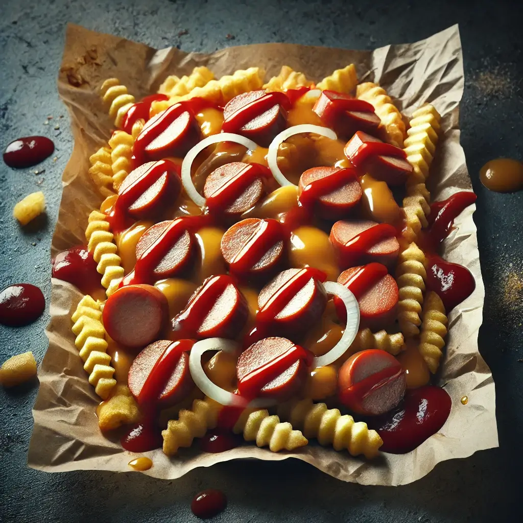 Pølsemix i airfryer med sprøde kartofler og pølser serveret på tallerken