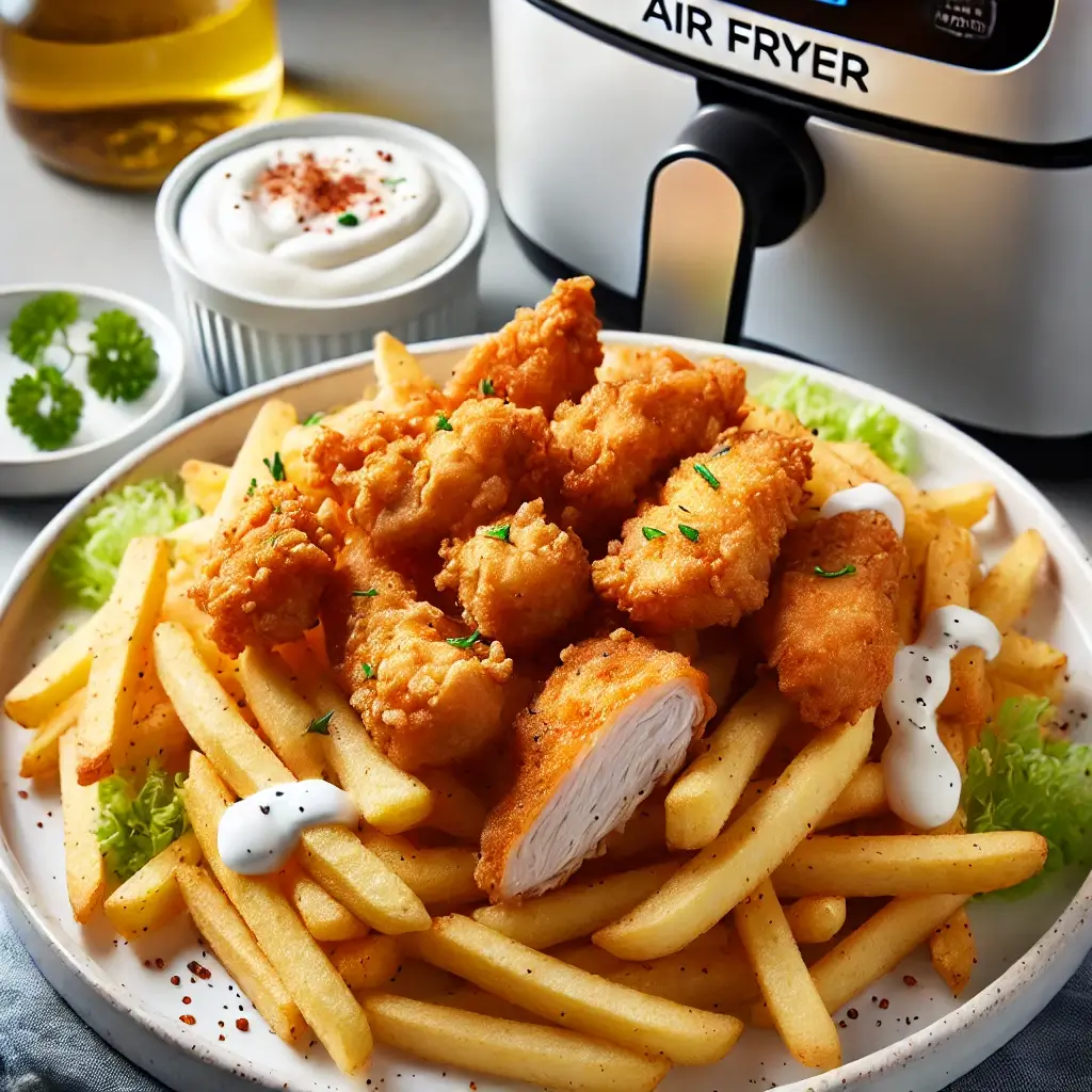 Kyllingemix i airfryer med frosne pommes frites og salat.